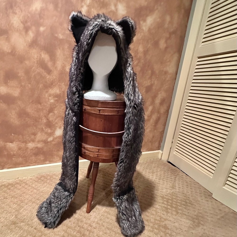 Furry Animal Hood with Scarf - Black and Gray - Pockets too! - Picture 2 of 7